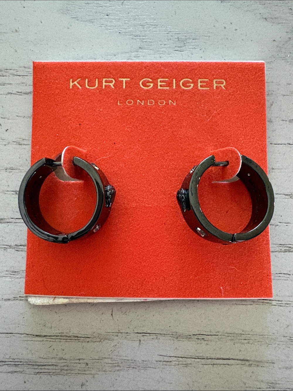 NWT Kurt Geiger Huggie Hoop Earrings Black w/Crystal Accents